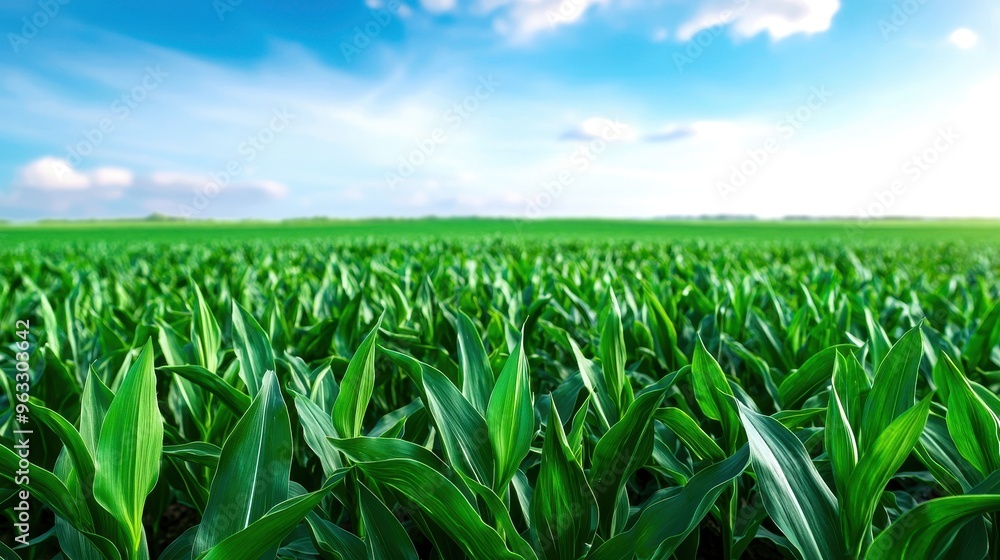 Vibrant green cornfield under a clear blue sky, showcasing lush growth and agricultural beauty in a serene landscape. Vibrant green cornfield under a clear blue sky, showcasing lush growth and agricultural beauty in a serene landscape.