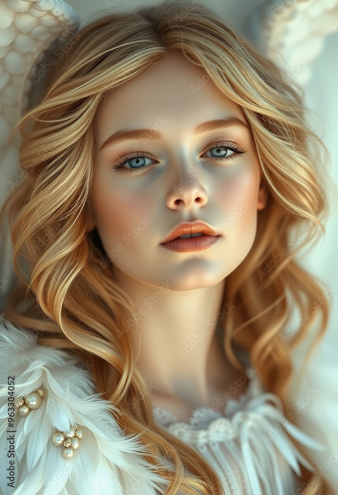 Serene angelic portrait with feather details Serene angelic portrait with feather details