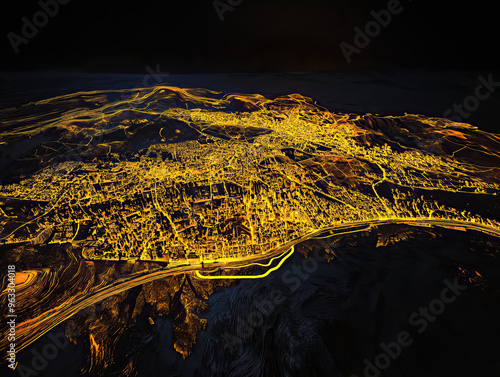 Technical aerial visual, 3D LiDAR GIS aerial map satellite scan model isolated, showing Yevlakh, Azerbaijan . Elevation, topography, render photo