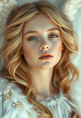 Serene angelic portrait with feather details