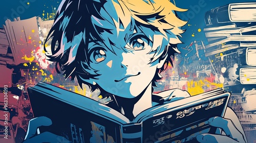 Manga guy anime teenage boy reading an exciting book,  happy face