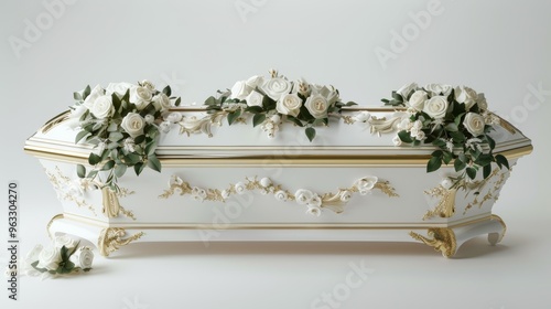 Luxurious white coffin with gold accents and white roses draped across the top, premium funeral decor