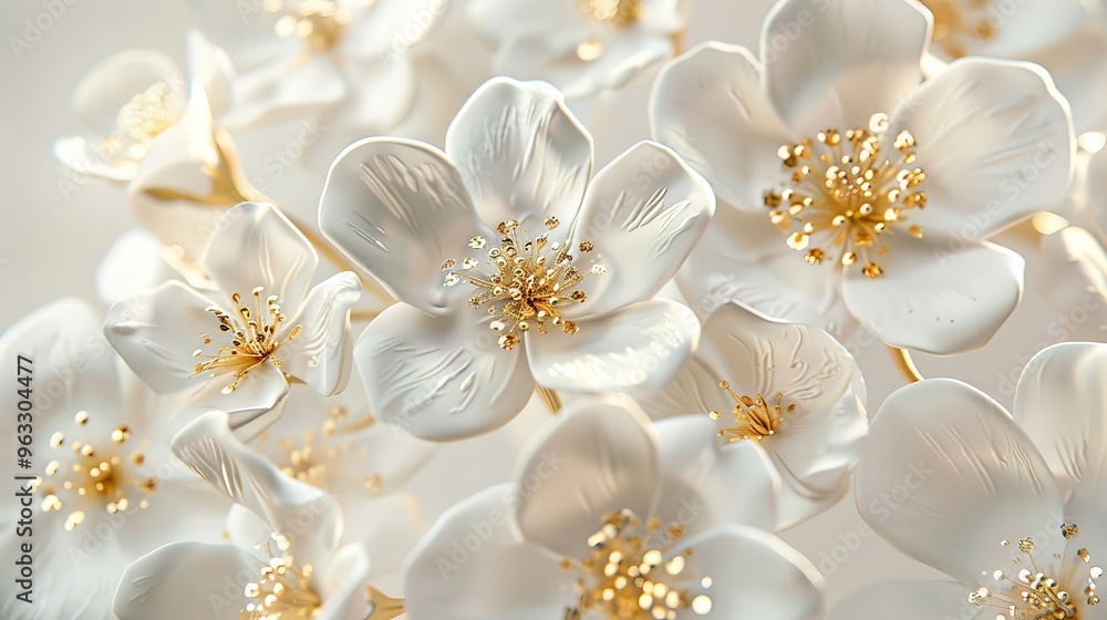 Luxurious white floral arrangement with gold stems on a marble surface, coffin decoration, inlay tombstones Luxurious white floral arrangement with gold stems on a marble surface, coffin decoration, inlay tombstones