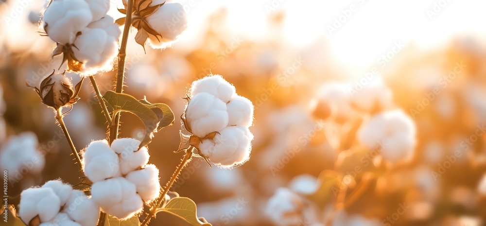 Close up of white cotton bolls on a plant, with the sun shining through the field. Soft, fluffy cotton fibers are ready for harvest. Cotton production and agriculture concept.