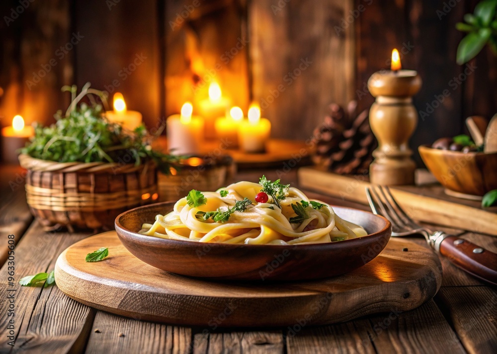 Warm Comfort Food Scene Rustic Wooden Plate Creamy Pasta Dish Cozy Table Setup Even Lighting Soft Focus Vibrant Colors Inviting Atmosphere Mood Food Plate Side