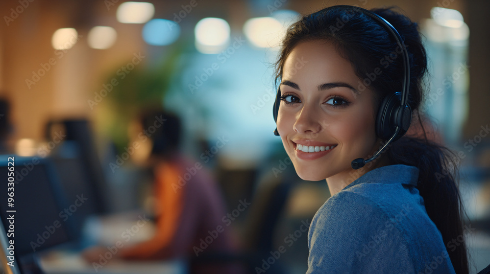 Customer service representative is smiling while working in a busy call center Customer service representative is smiling while working in a busy call center