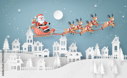 Santa Sleigh Flying Over Snowy Christmas Town at Night