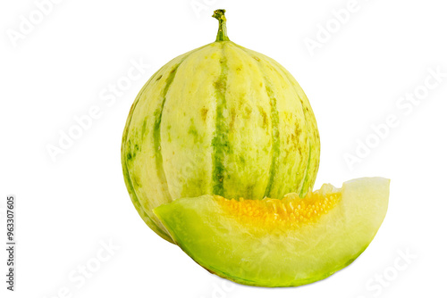 Fresh organic white melon (beyaz kavun) isolated on a white background, showcasing its unique yellow-green skin and sweet, juicy flesh. Ideal for healthy eating and summer fruit displays. photo