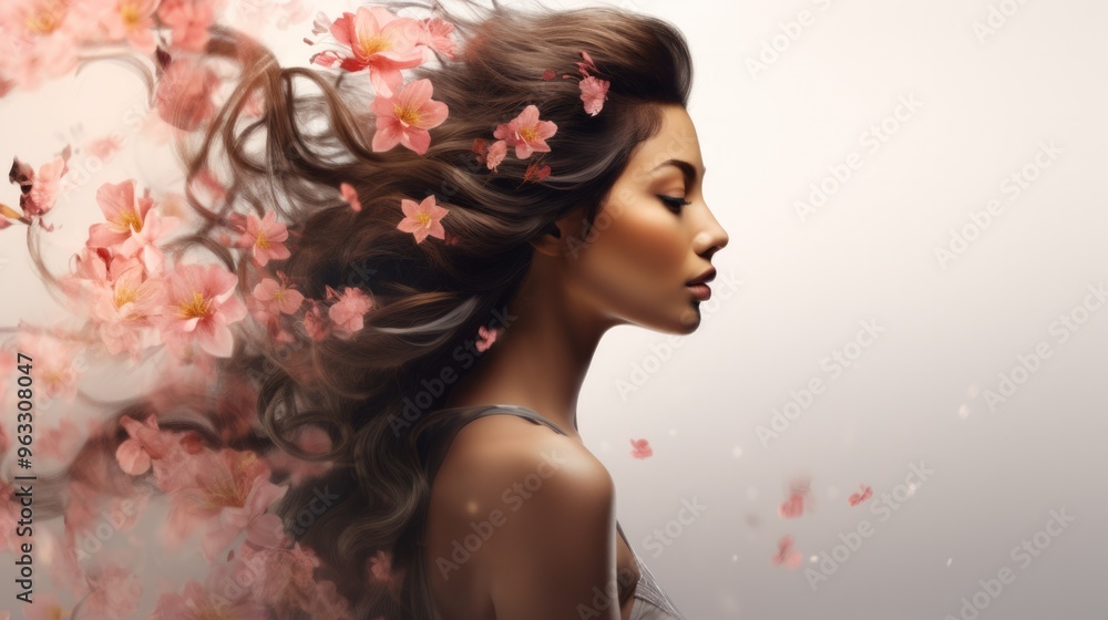 Young asian woman with many flowers from hair. Neural network ai generated art Young asian woman with many flowers from hair. Neural network ai generated art