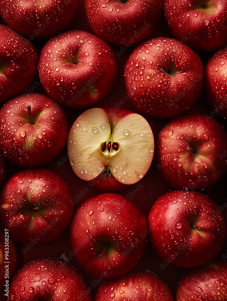 Fresh Red Apples with Halved Apple and Water Droplets Fresh Red Apples with Halved Apple and Water Droplets