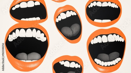 Illustration of multiple laughing mouths isolated on a white background