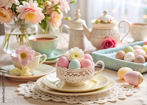 Wallpaper Mural Vintage inspired Easter table settings with lace and crochet delicate hand-stitched details soft feminine mood muted pastel colors vintage tea party concept Torontodigital.ca