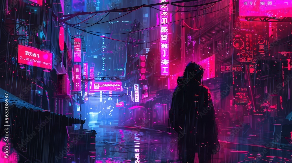 Futuristic Neon Cityscape with Mysterious Silhouette in Rain
