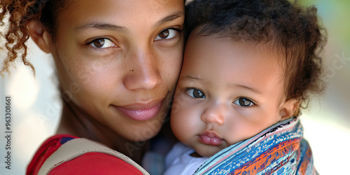 Nurturing Parent: A mother with a baby in a carrier, her face gentle and her lips forming a soft smile. photo