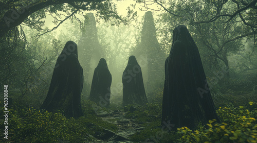 Four figures in black robes stand in a misty forest. photo