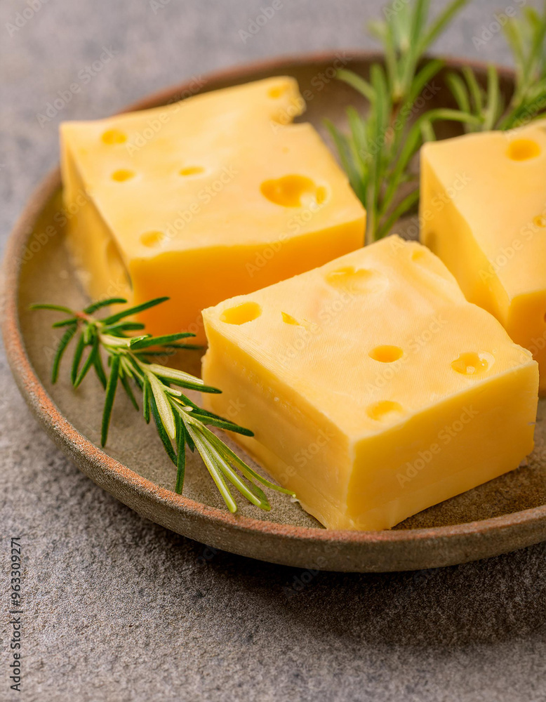 Creamy yellow cheese blocks on ceramic plate with fresh rosemary on stone table. Tasty food Creamy yellow cheese blocks on ceramic plate with fresh rosemary on stone table. Tasty food