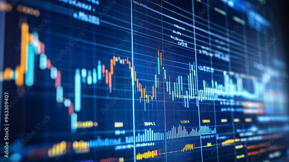 Close-up of stock market data displayed on a screen with colorful financial charts, representing trading, investments, and market analysis. Close-up of stock market data displayed on a screen with colorful financial charts, representing trading, investments, and market analysis.