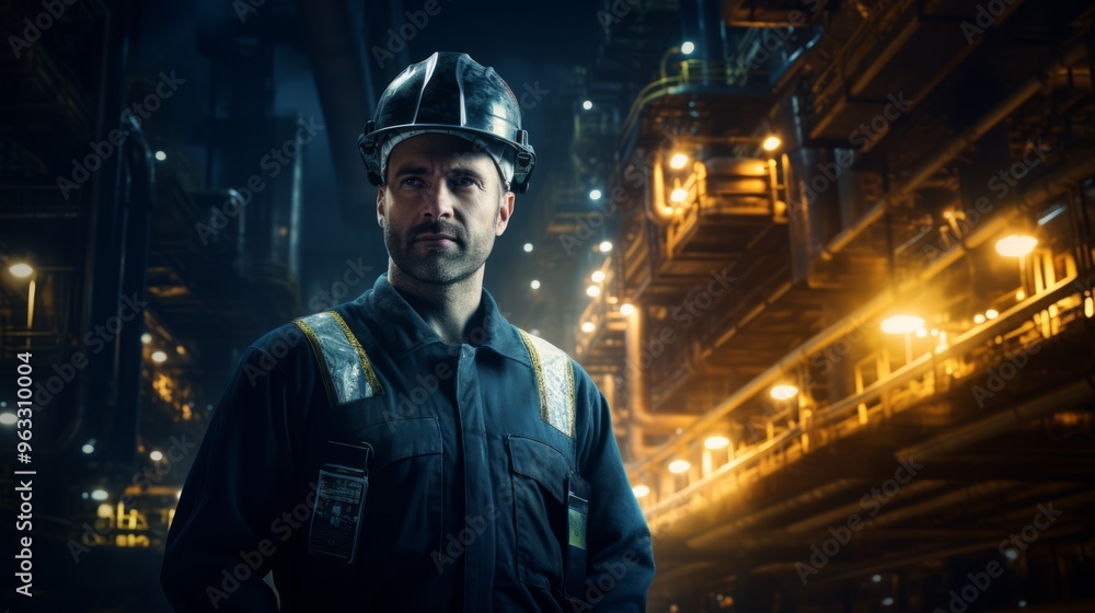 Oilman shift workers on the deck of the ship on the background offshore oil shelf planforms. Neural network ai generated art Oilman shift workers on the deck of the ship on the background offshore oil shelf planforms. Neural network ai generated art