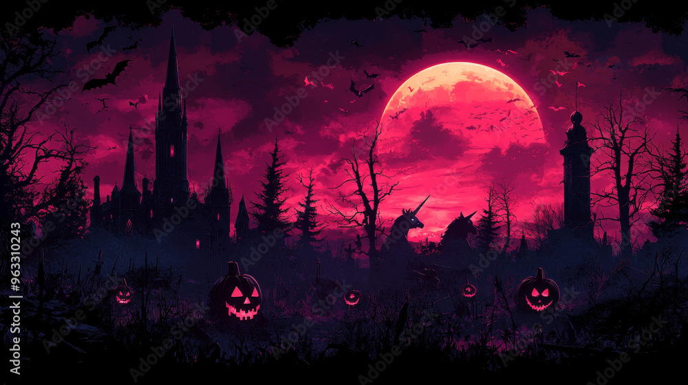 Spooky Halloween night with a blood red moon Spooky Halloween night with a blood red moon