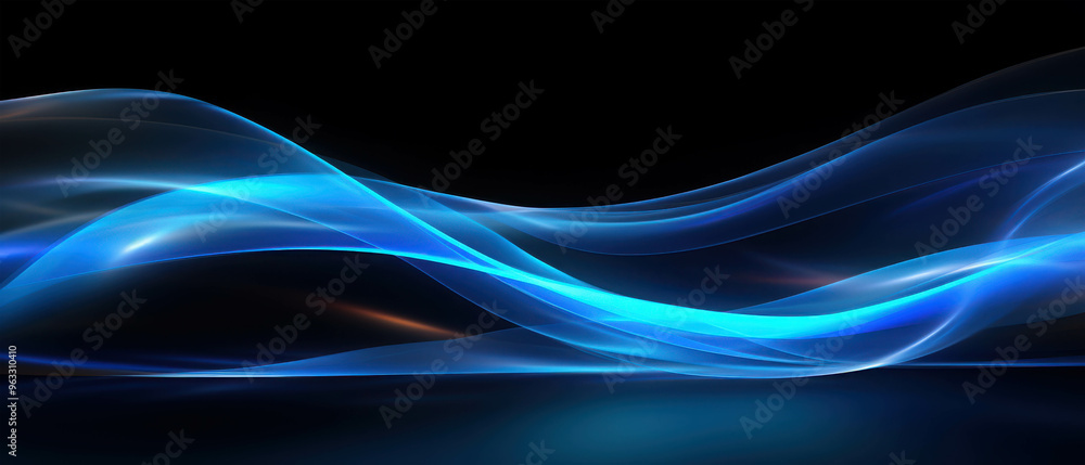 Abstract Blue Waves: A mesmerizing abstract background with flowing, luminous blue waves against a deep black backdrop. The interplay of light and shadow creates a sense of depth and movement, perfect Abstract Blue Waves: A mesmerizing abstract background with flowing, luminous blue waves against a deep black backdrop. The interplay of light and shadow creates a sense of depth and movement, perfect