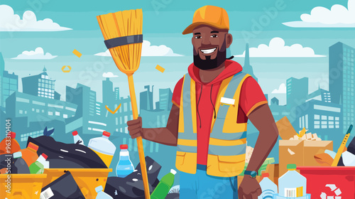 Cheerful African American Male Garbage Collector Holds Broom, Standing Next to Open Trash Can Full of Waste After Cleaning