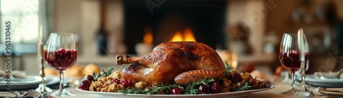 Roasted Turkey Dinner with Stuffing, Cranberry Sauce, and Warm Ambiance, Perfect for Thanksgiving or Family Gatherings photo