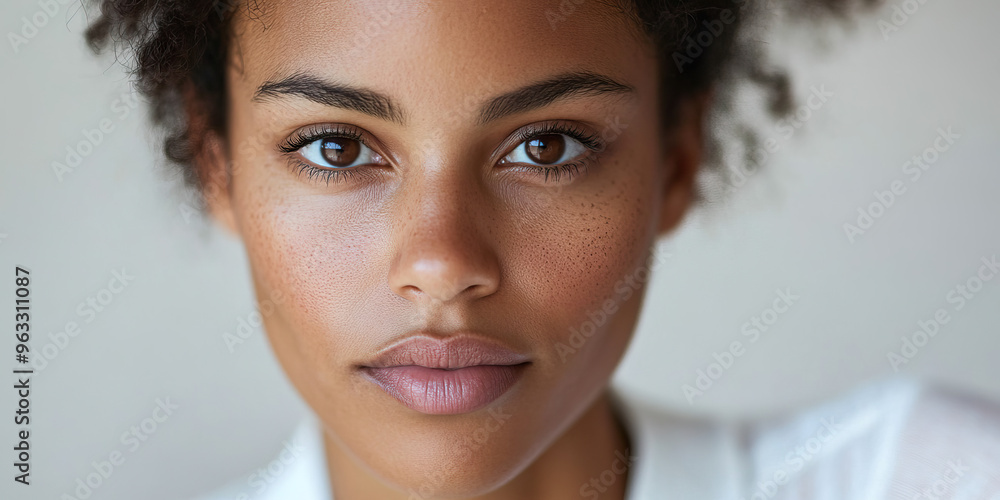 Serene Focus: A close-up portrait of a person concentrating intently, wearing minimal makeup and a simple white button-down shirt. Serene Focus: A close-up portrait of a person concentrating intently, wearing minimal makeup and a simple white button-down shirt.