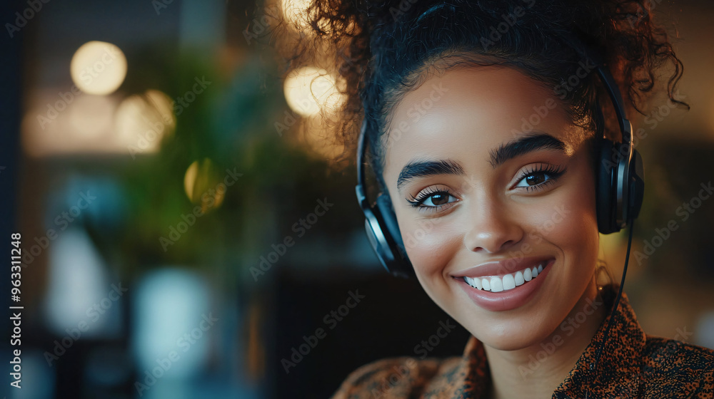 Customer service representative is smiling while wearing a headset in a late-night office Customer service representative is smiling while wearing a headset in a late-night office