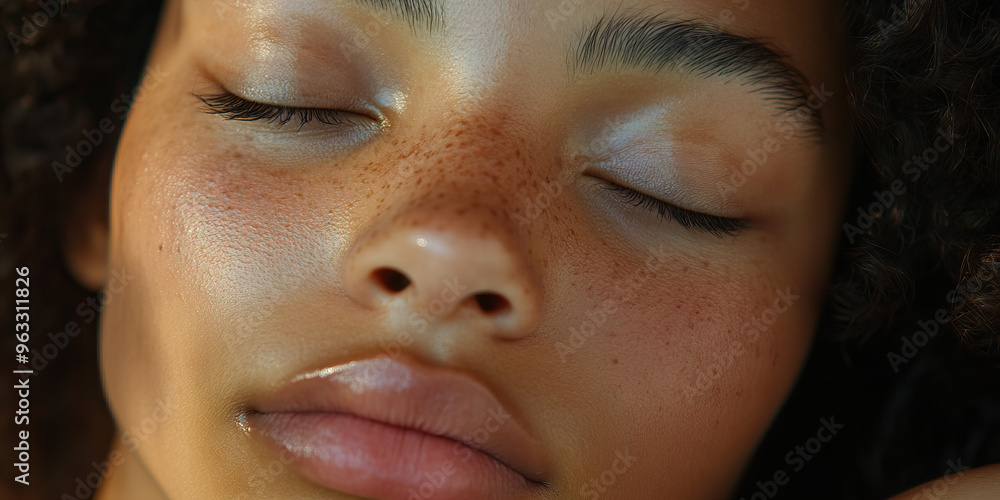 Calm Center: A close-up of a person's eyes gently closed, lips pursed, resting on a plain, soft surface. Calm Center: A close-up of a person's eyes gently closed, lips pursed, resting on a plain, soft surface.