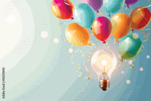 Innovative Idea Light Bulb Opening to Release Profit Balloons, Symbolizing Startup Success and Celebration