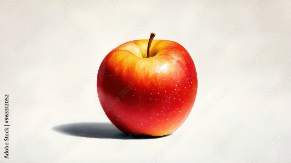 A Single Red Apple with Yellow Highlights on a White Background A Single Red Apple with Yellow Highlights on a White Background