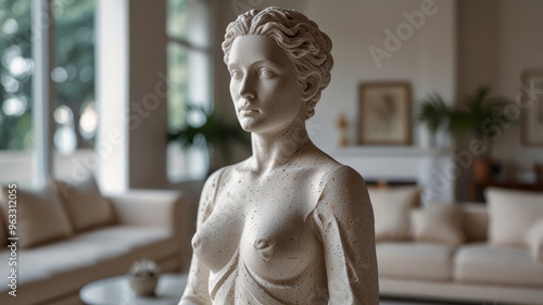 No people An antic female statue in a contemporary white interior with no any human being