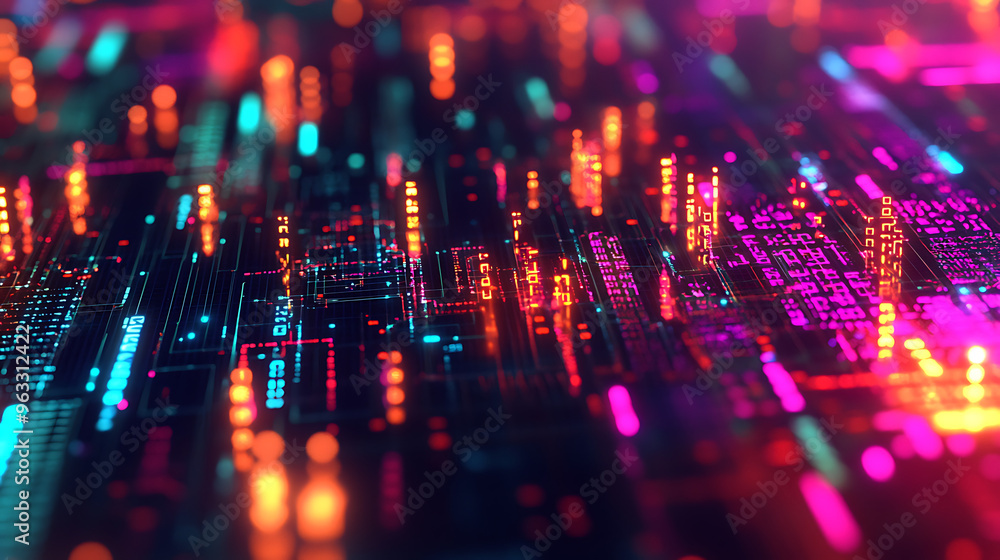 Glowing Matrix of Binary Code and Digital Circuits Creating an Abstract Technological Landscape with Vibrant Colors Glowing Matrix of Binary Code and Digital Circuits Creating an Abstract Technological Landscape with Vibrant Colors