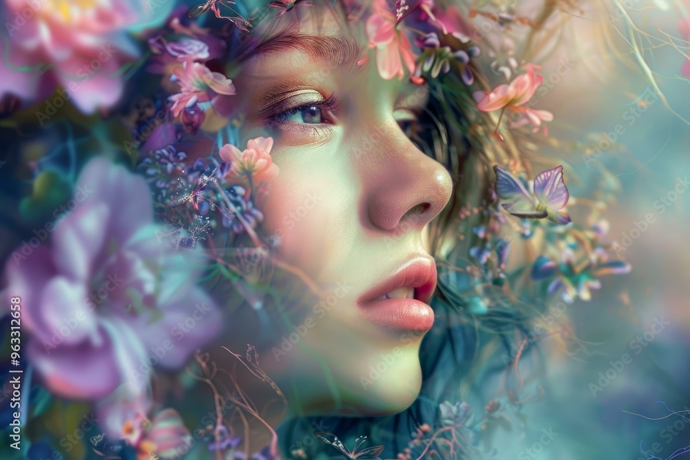 Beautiful young woman with perfect skin is surrounded by colorful flowers and a blue butterfly Beautiful young woman with perfect skin is surrounded by colorful flowers and a blue butterfly