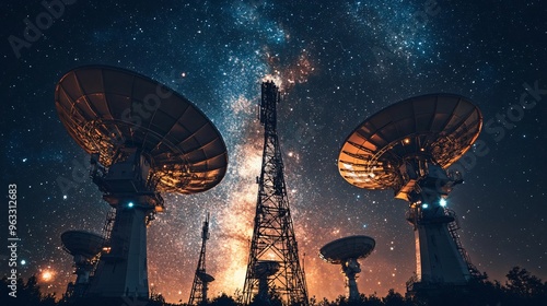 Large satellite dishes and a communication tower against a starry night sky, symbolizing space communication, technology, and astronomical research.
