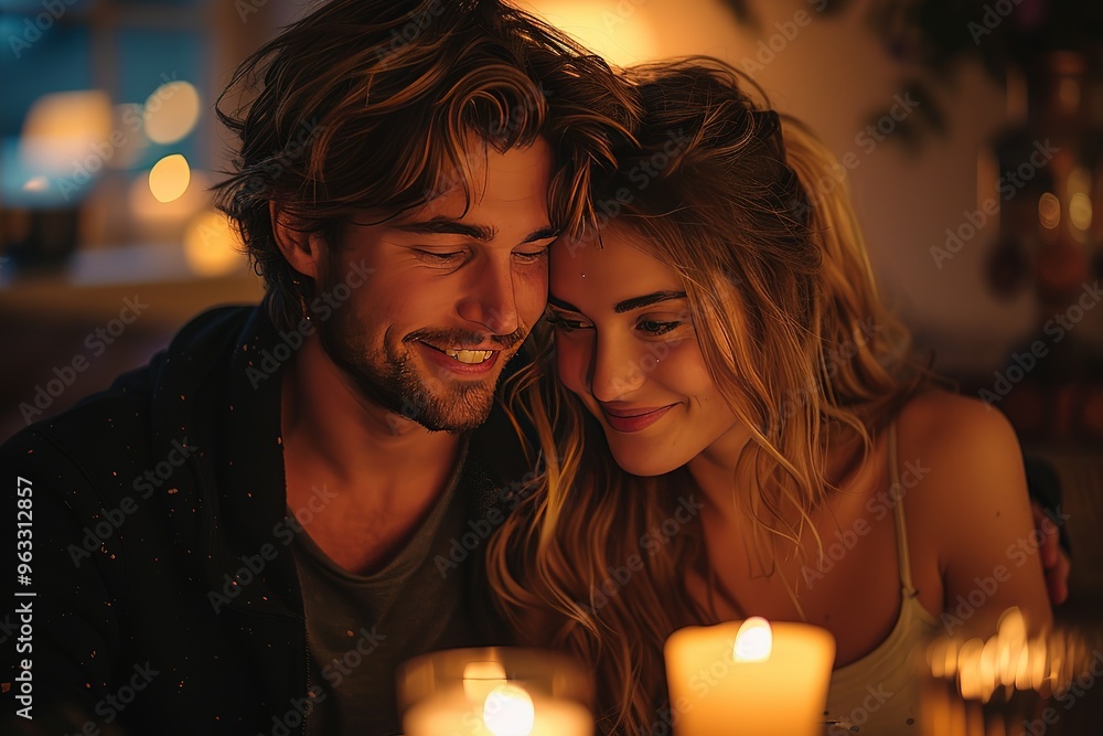 A couple enjoying a candlelit dinner at home, space for text A couple enjoying a candlelit dinner at home, space for text