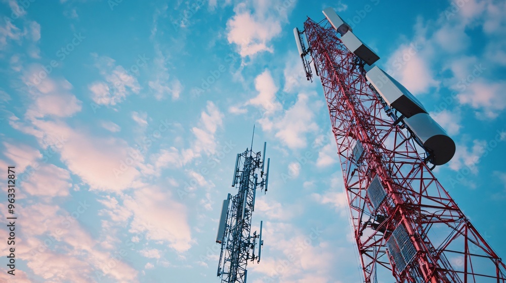 Two telecommunication towers equipped with antennas standing against a blue sky with light clouds, representing modern communication, wireless networks, and technology infrastructure. Two telecommunication towers equipped with antennas standing against a blue sky with light clouds, representing modern communication, wireless networks, and technology infrastructure.