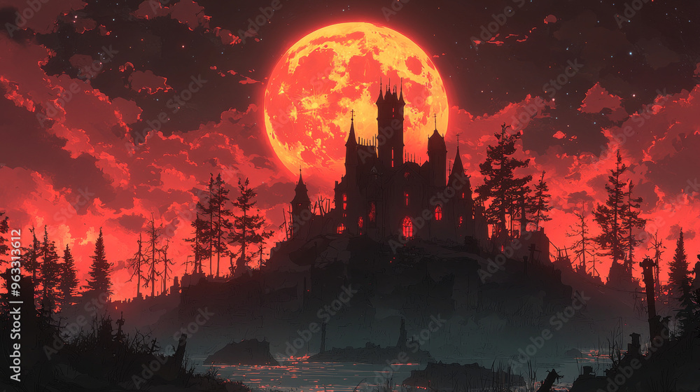 A spooky silhouette of a castle stands under a blood red moon. A spooky silhouette of a castle stands under a blood red moon.