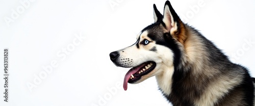 Siberian Husky with Alert Expression Panting Against White Background with Copy Space photo