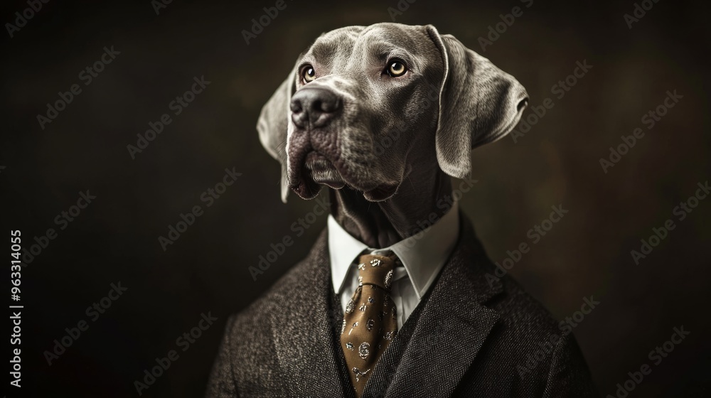Portrait of a weimaraner dog wearing suit and tie looking up Portrait of a weimaraner dog wearing suit and tie looking up
