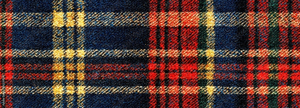 A close-up view of vibrant tartan fabric Scotland patterns featuring red, yellow, and navy blue stripes, seamless, patterns A close-up view of vibrant tartan fabric Scotland patterns featuring red, yellow, and navy blue stripes, seamless, patterns