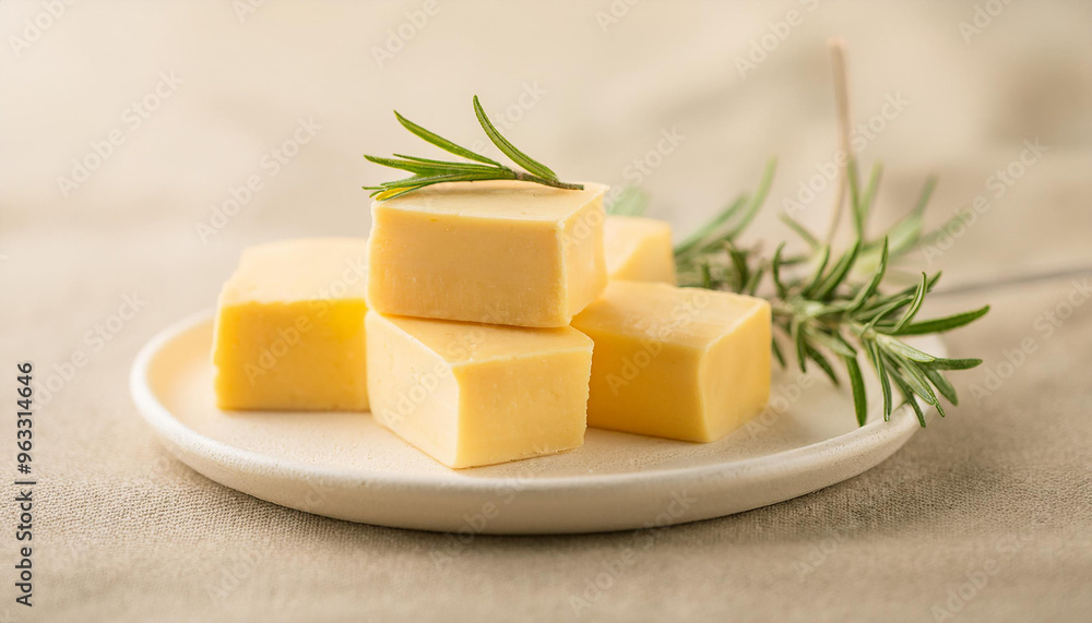 Creamy yellow cheese blocks on ceramic plate with fresh rosemary on stone table. Tasty food Creamy yellow cheese blocks on ceramic plate with fresh rosemary on stone table. Tasty food