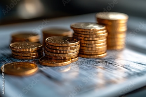 Golden Coins Stacked on a Graph: A close-up of shiny golden coins stacked in a rising pattern on a financial chart, symbolizing growth, prosperity, and financial success. 