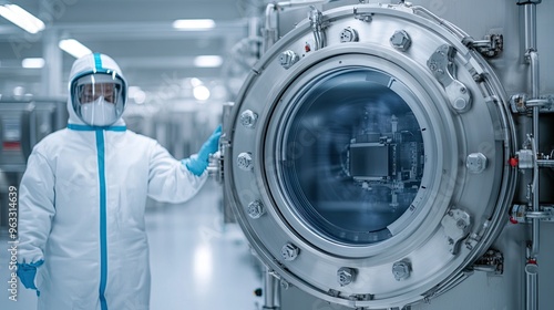 A technician in protective gear operates a modern laboratory vacuum chamber, ensuring precise conditions for experiments.