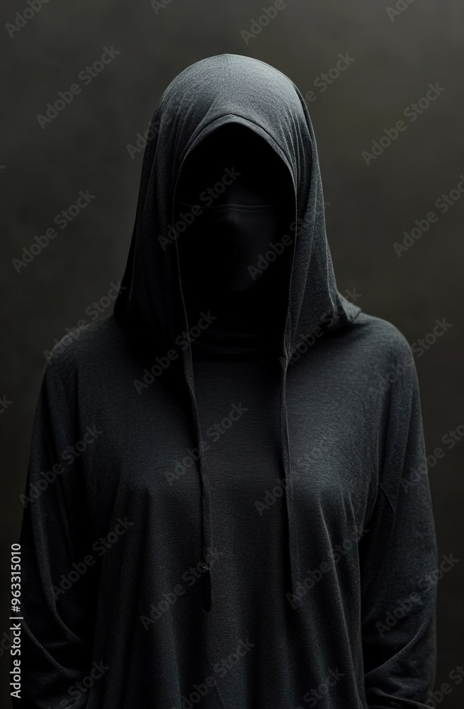 A black hooded garment with no visible face or head, covering the entire body against a dark background A black hooded garment with no visible face or head, covering the entire body against a dark background