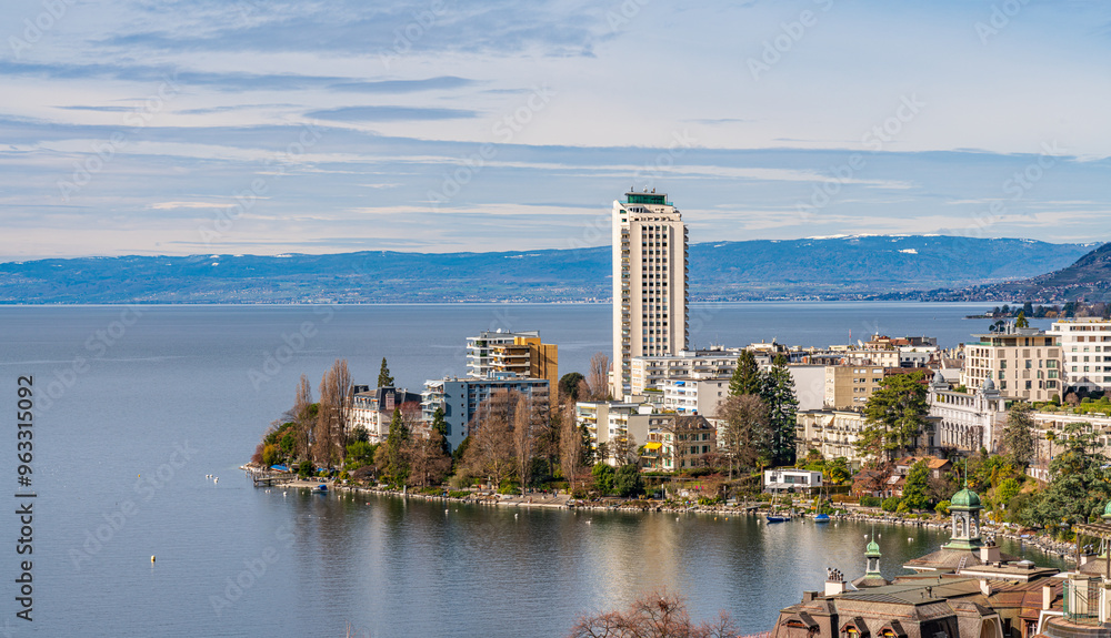 Naklejka premium 2024 Beautiful view on lake Geneva and Montreux