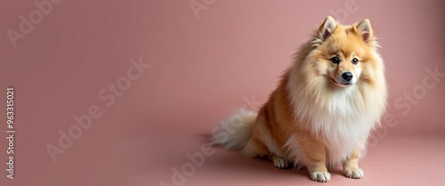 Adorable Pomeranian dog with alert expression sitting against pink background with copy space photo