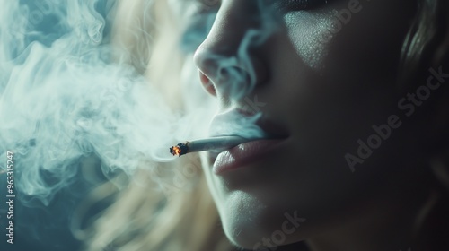 Girl with cigarette in her lips, surrounded by smoke. No smoking.