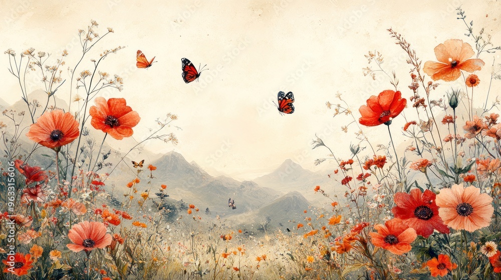 A serene landscape filled with vibrant flowers and butterflies. A serene landscape filled with vibrant flowers and butterflies.
