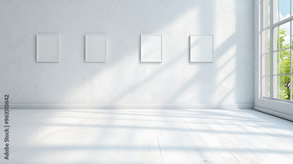 Fototapeta premium Bright, empty gallery space with natural light and blank frames